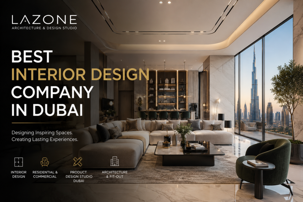 Luxury Dubai interior design by LaZone featuring modern living room, premium furniture, Burj Khalifa view, and elegant architecture and fit-out concept