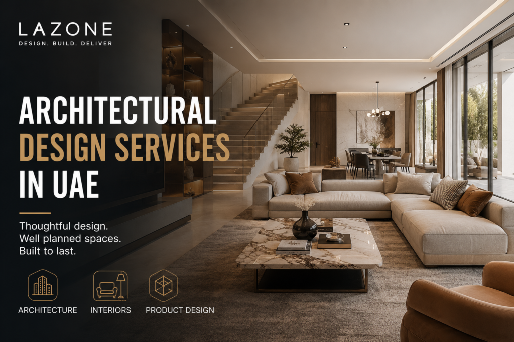 Modern luxury living room showcasing LaZone architectural design services, interior planning, and product design expertise in the UAE.
