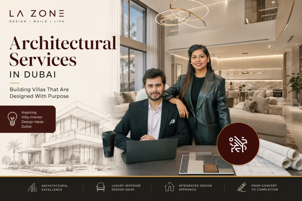 Architects in a modern Dubai villa interior with plans and materials on desk.