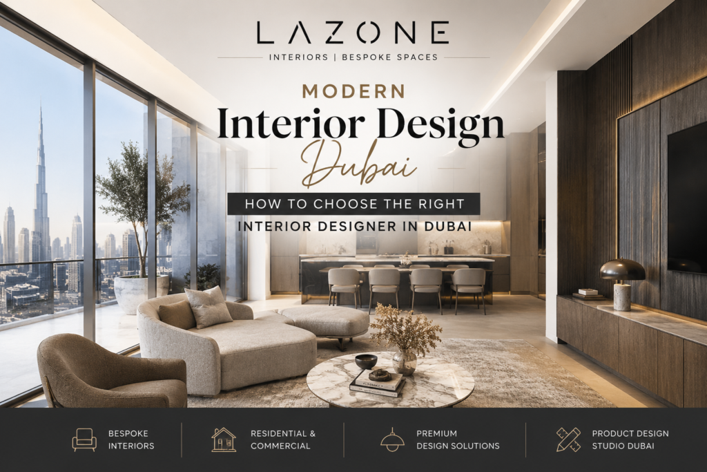 Modern interior design Dubai apartment with luxury living space, city view and bespoke interiors by LaZone product design studio Dubai.