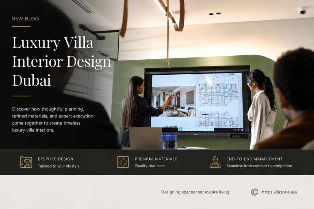 Luxury villa interior design Dubai presentation by La Zone Design Studio with floor plan and interior concept review on screen.