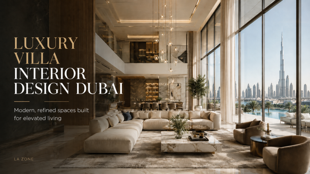 Luxury villa interior design Dubai with modern living room, double-height ceiling, premium furniture, marble finishes and skyline view.