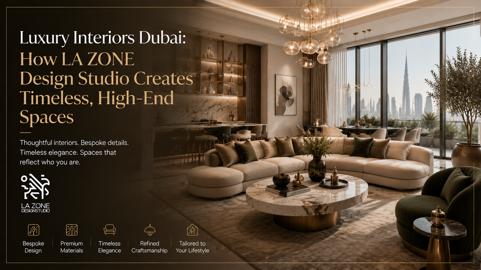Luxury Dubai interior design living room featuring a sophisticated contemporary space with marble finishes, bespoke furniture, warm ambient lighting, statement chandelier, premium materials, and floor-to-ceiling windows overlooking the Dubai skyline. The image represents LA ZONE Design Studio’s approach to creating timeless, high-end interiors through refined craftsmanship, personalised design, and elegant spatial planning.