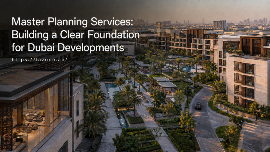 Master planning services for a modern Dubai development featuring integrated architecture, landscaped spaces and connected circulation by LaZone.