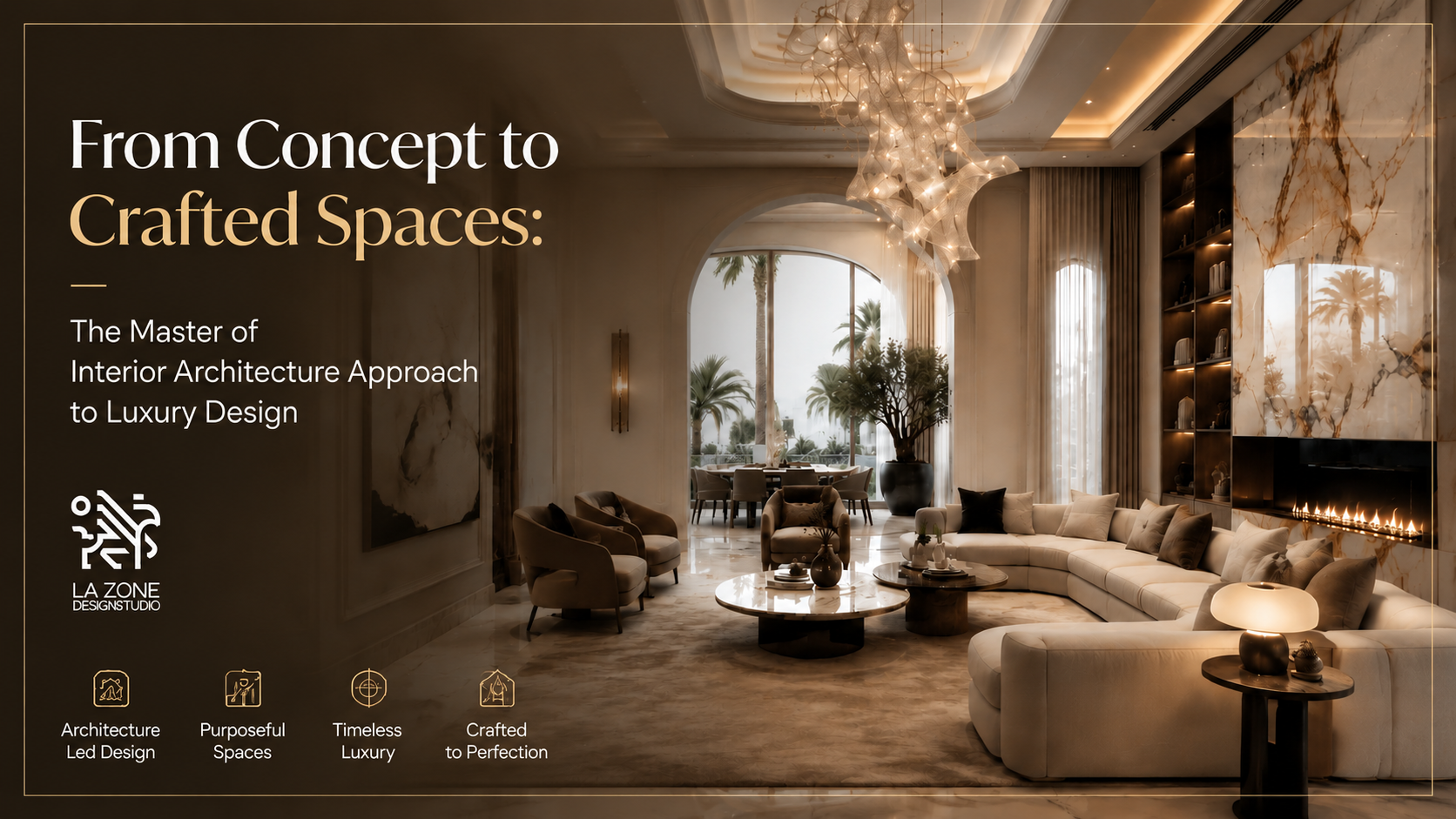 Luxury interior living space featuring a refined contemporary design with marble finishes, curved architectural details, elegant furniture, sculptural lighting, and warm ambient tones. The image highlights LA ZONE Design Studio’s master of interior architecture approach, showcasing a seamless blend of spatial planning, craftsmanship, and timeless luxury design.