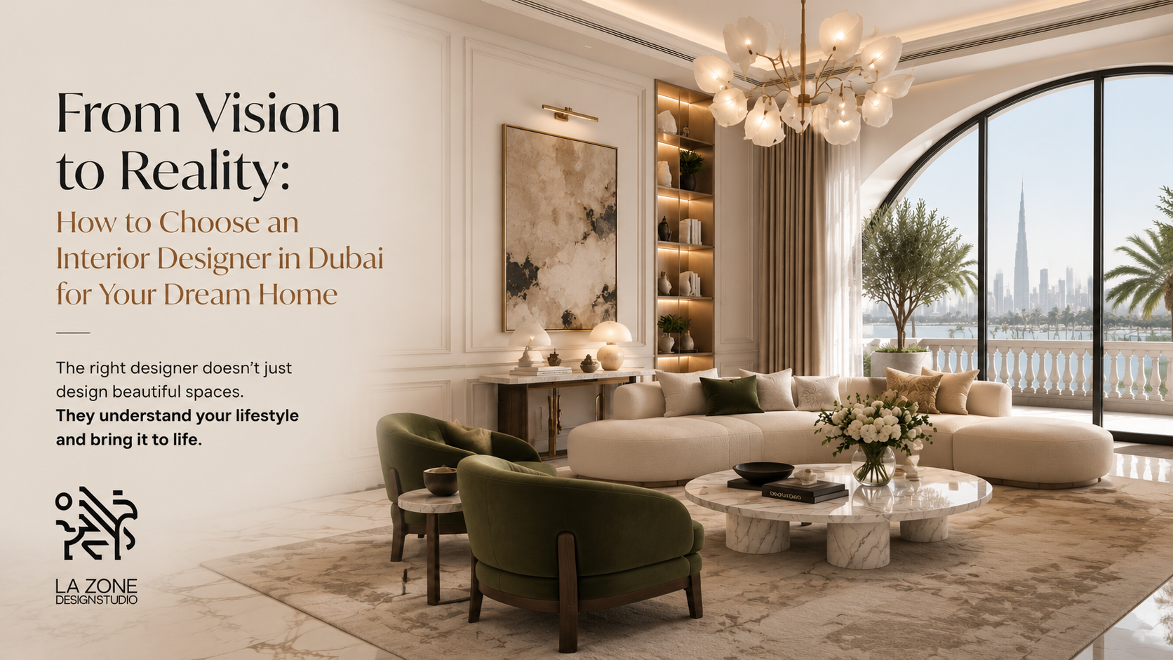 Luxury Dubai living room interior featuring a contemporary design with arched windows, marble flooring, elegant curved furniture, sculptural chandelier, warm ambient lighting, and a view of the Dubai skyline. The image represents choosing the right interior designer to transform a dream home into a personalised, functional, and timeless living space by LA ZONE Design Studio.