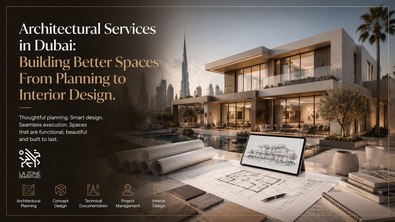 Luxury architectural design banner showcasing a modern Dubai villa with landscaped surroundings, swimming pool, and Burj Khalifa skyline view. The image features architectural drawings, material samples, and design tools representing professional architectural services, from planning and concept development to interior design and project execution by LA ZONE Design Studio.