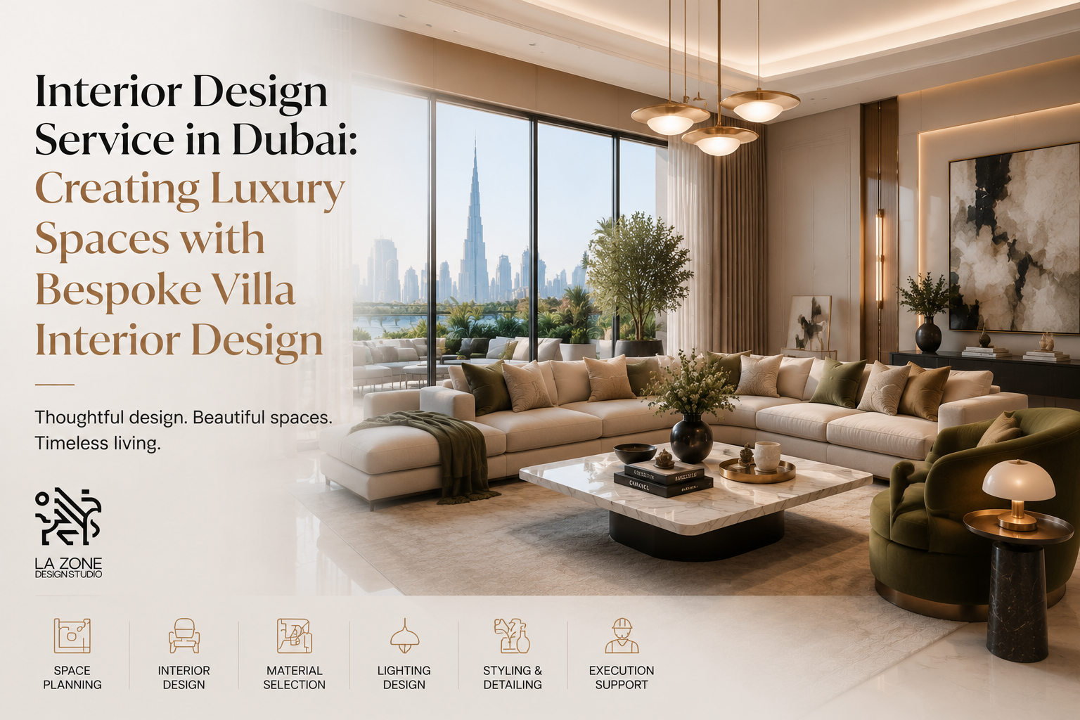 Luxury Dubai living room interior showcasing a bespoke design with a warm neutral palette, marble finishes, custom furniture, elegant lighting, curated décor, and floor-to-ceiling windows overlooking the Dubai skyline. The image represents LA ZONE Design Studio’s interior design service, highlighting space planning, material selection, lighting design, styling, and personalised villa interior design solutions.