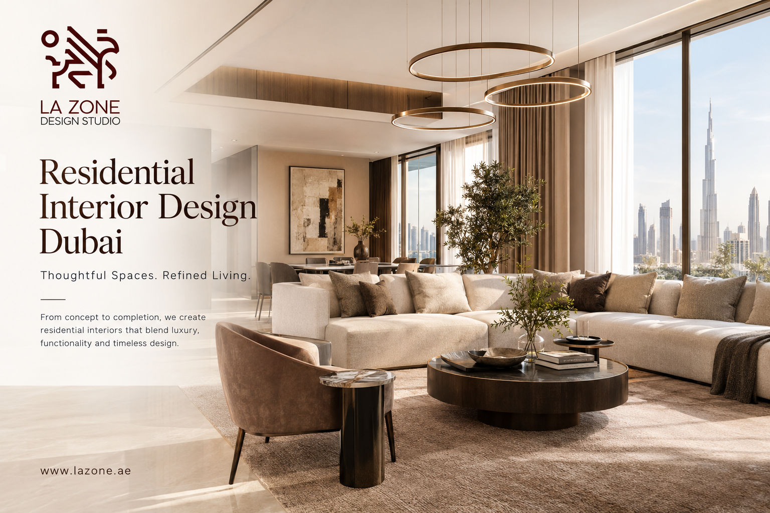 Luxury residential interior design in Dubai by La Zone Design Studio featuring a modern living room, elegant furniture, natural light, and Dubai skyline